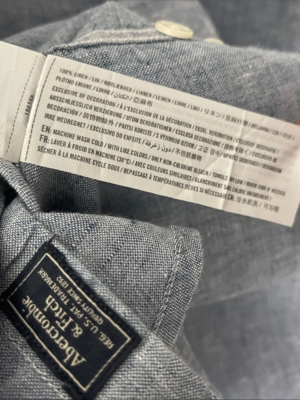 Abercrombie & Fitch 100% Linen Band Collar Button Front Shirt Men’s Medium Blue - Picture 2 of 4